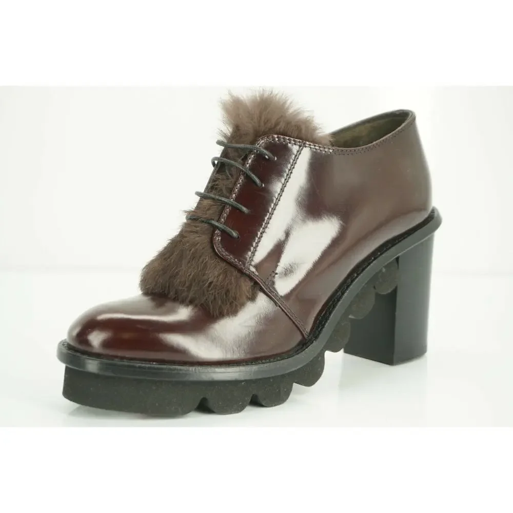 Attilio Giusti Leombruni Leather Rolo Fur Trim Oxford Heel Pumps Size 35 AGL NIB
